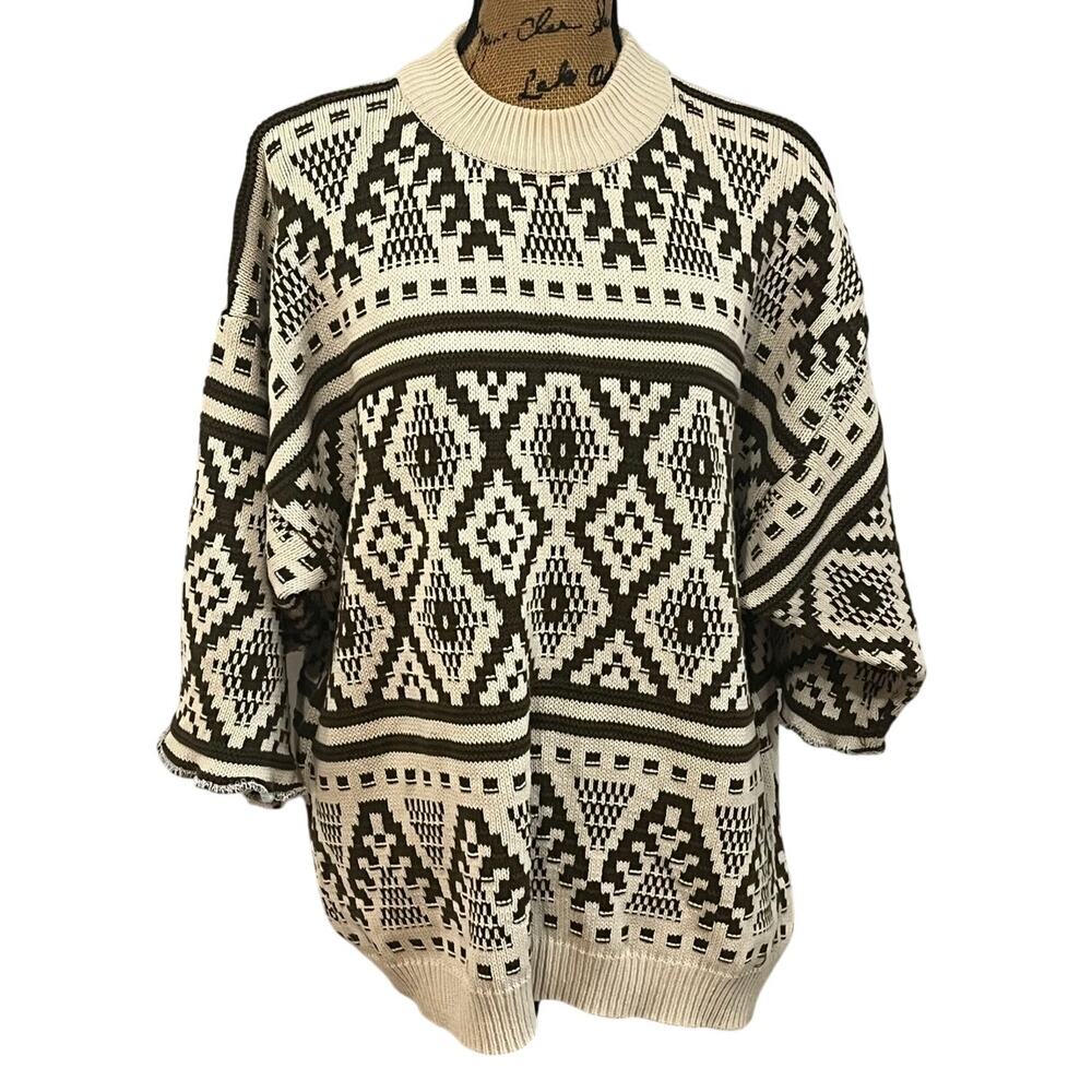 Vintage Cosi Collection Khaki Cream Aztec Cotton 1/2 Sleeve Sweater Women’s XL